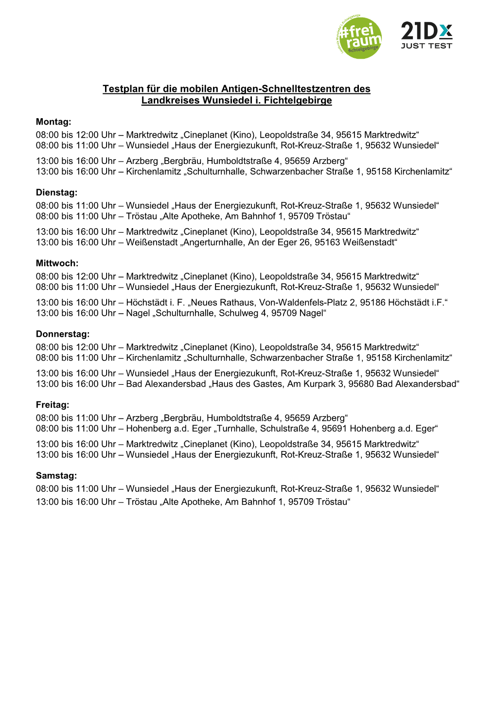 Testplan Für Die Mobilen Antigen-Schnelltestzentren Des Landkreises Wunsiedel I