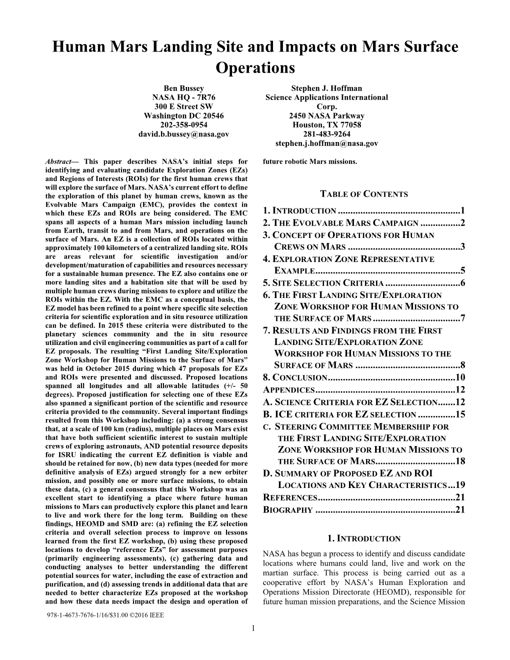 Human Mars Landing Site and Impacts on Mars Surface Operations Ben Bussey Stephen J