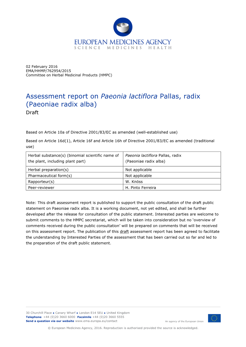 Assessment Report on Paeonia Lactiflora Pallas, Radix (Paeoniae Radix Alba) Draft