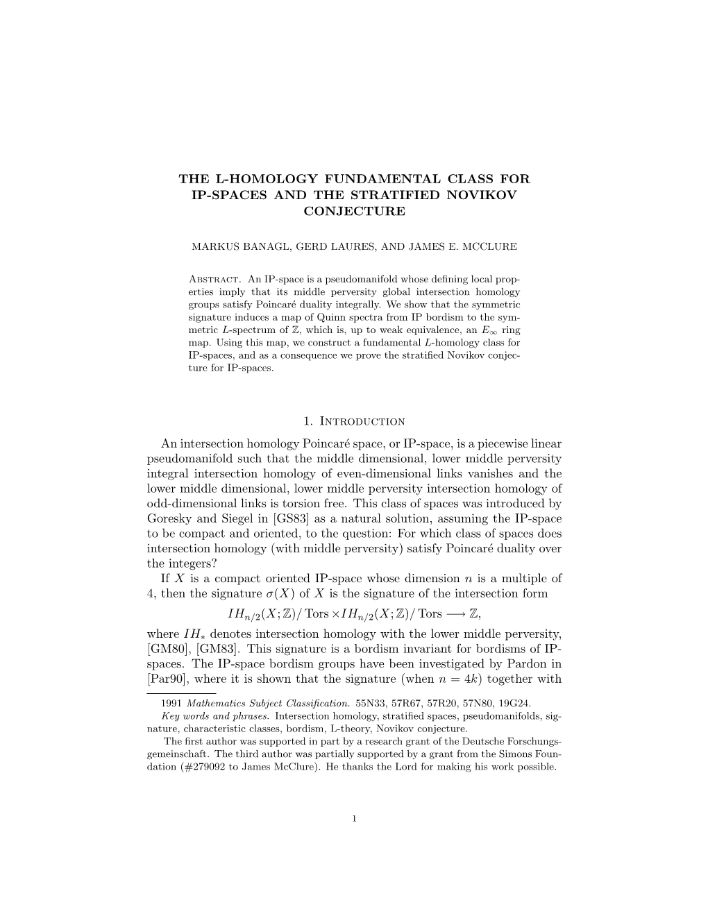 The L-Homology Fundamental Class for Ip-Spaces and the Stratified Novikov Conjecture