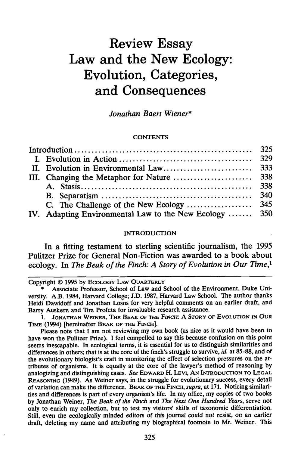 Law and the New Ecology: Evolution, Categories, and Consequences
