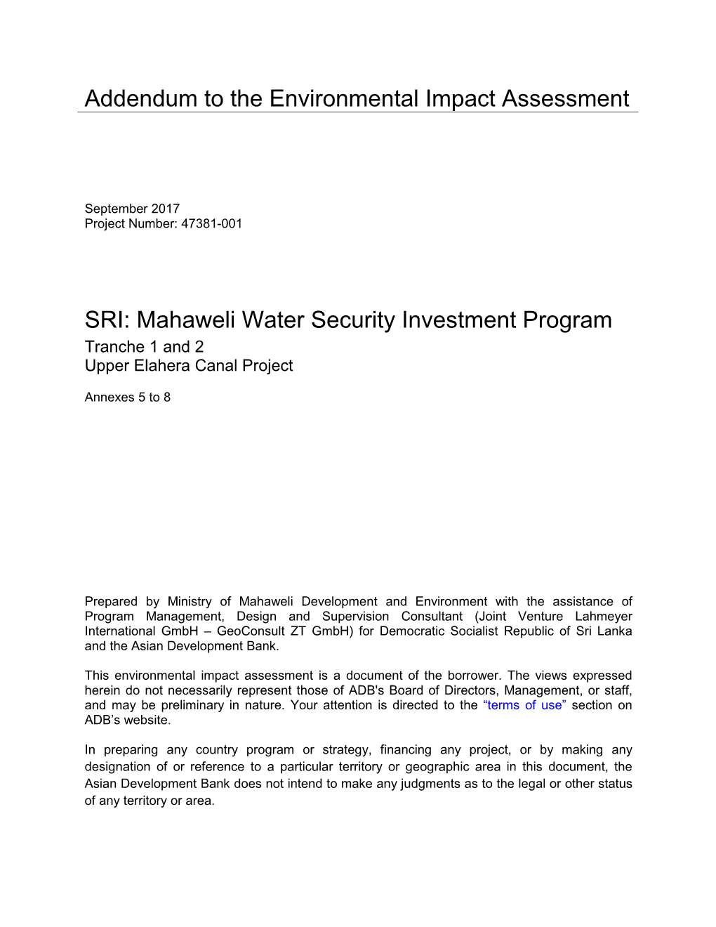 Addendum to the Environmental Impact Assessment SRI: Mahaweli Water Security Investment Program