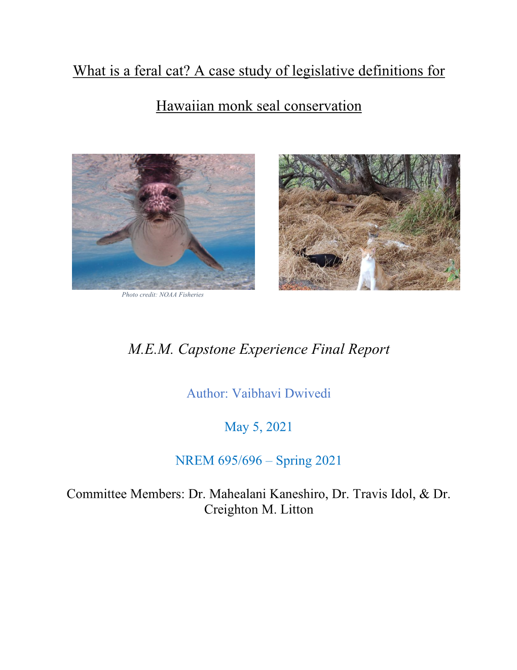 What Is a Feral Cat? a Case Study of Legislative Definitions for Hawaiian Monk Seal Conservation M.E.M. Capstone Experience Fina