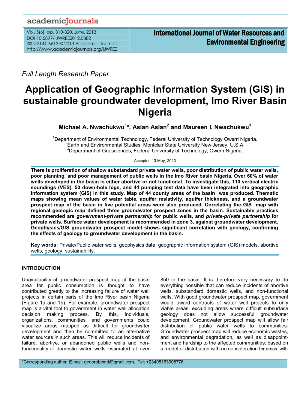 (GIS) in Sustainable Groundwater Development, Imo River Basin Nigeria