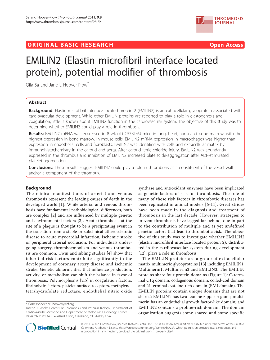 Elastin Microfibril Interface Located Protein), Potential Modifier of Thrombosis Qila Sa and Jane L Hoover-Plow*