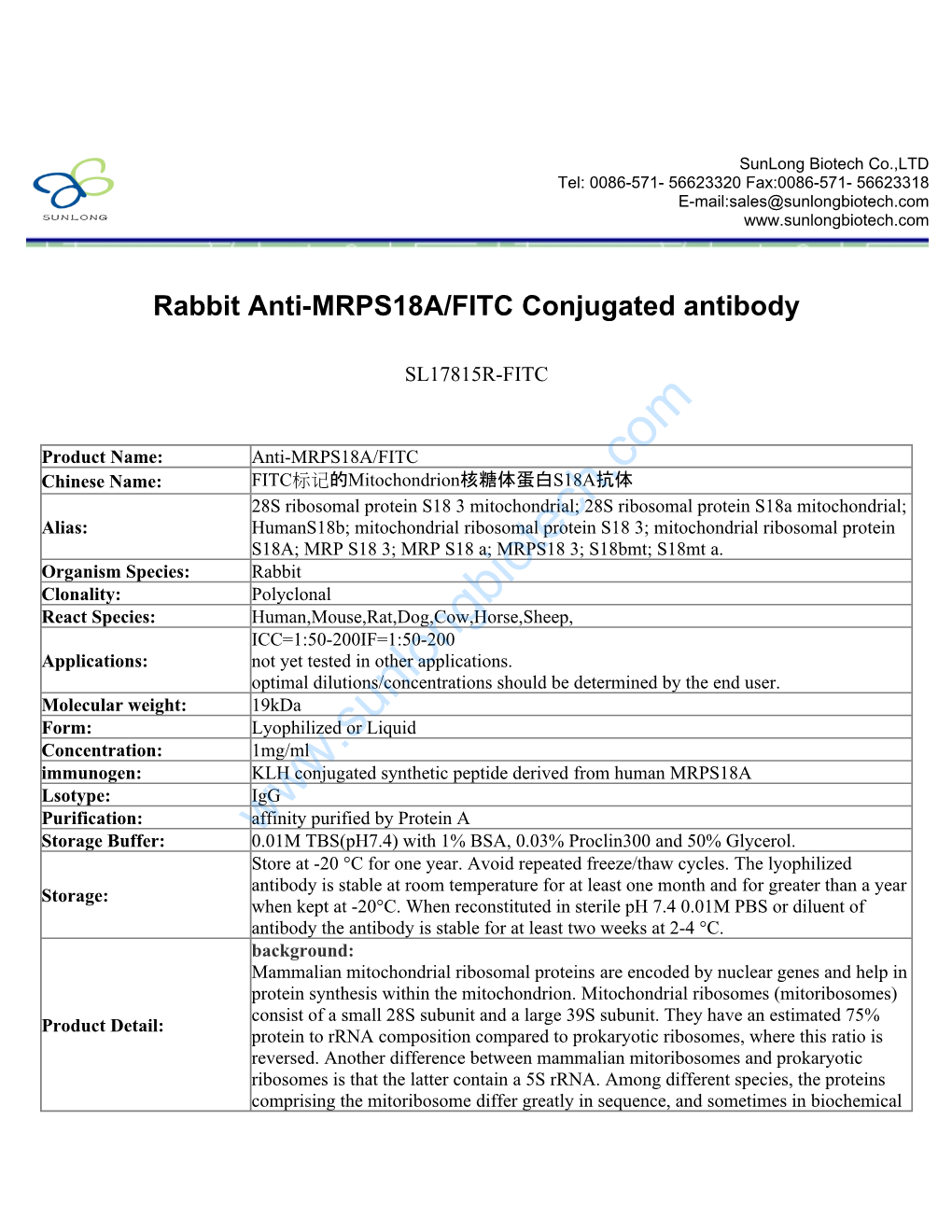Rabbit Anti-MRPS18A/FITC Conjugated Antibody-SL17815R