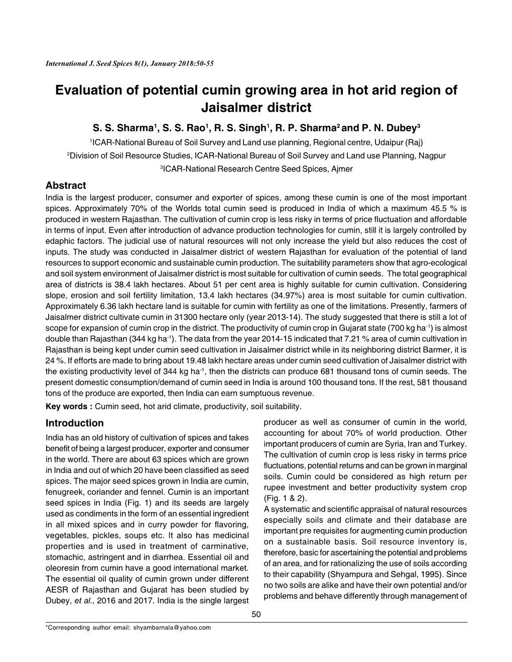 Evaluation of Potential Cumin Growing Area in Hot Arid Region of Jaisalmer District S