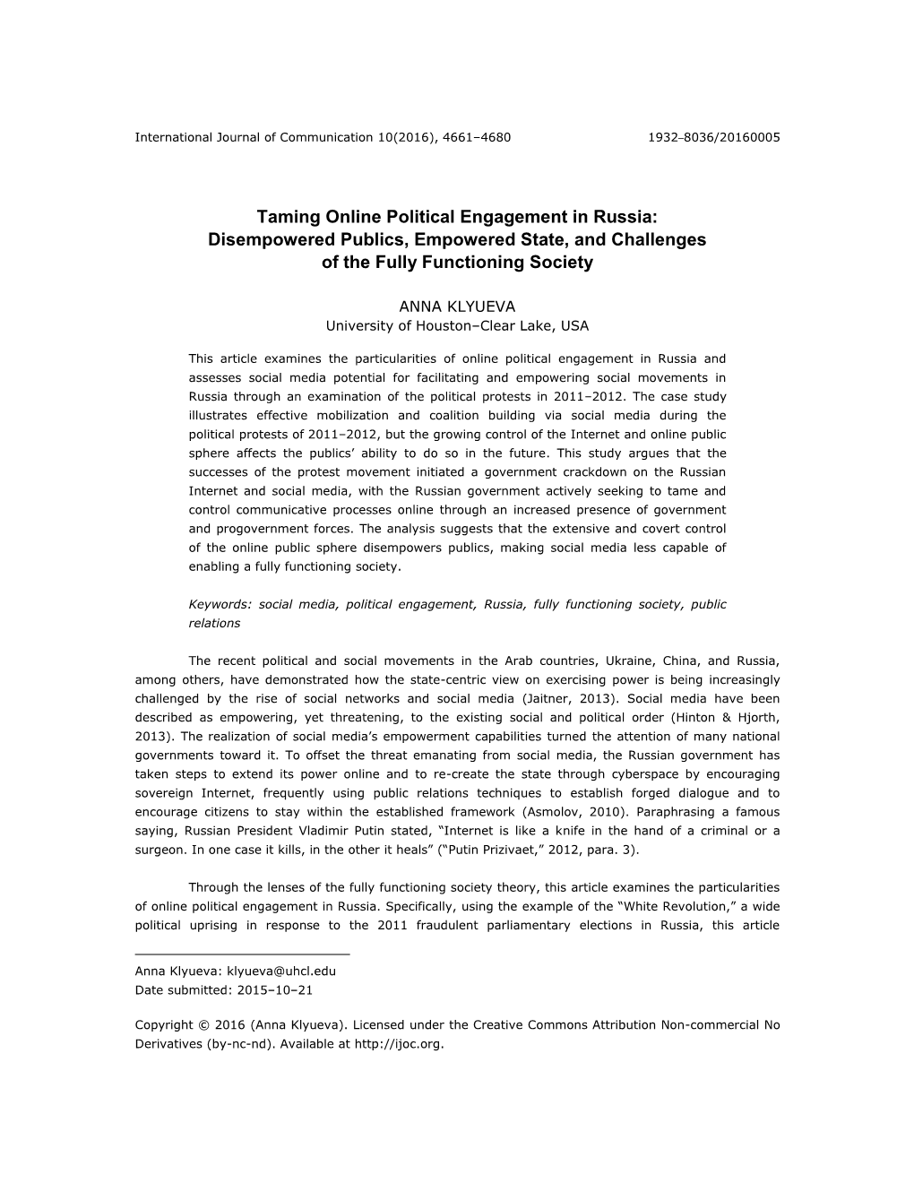 Taming Online Political Engagement in Russia: Disempowered Publics, Empowered State, and Challenges of the Fully Functioning Society