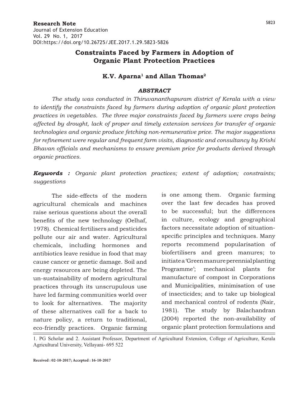 Constraints Faced by Farmers in Adoption of Organic Plant Protection Practices