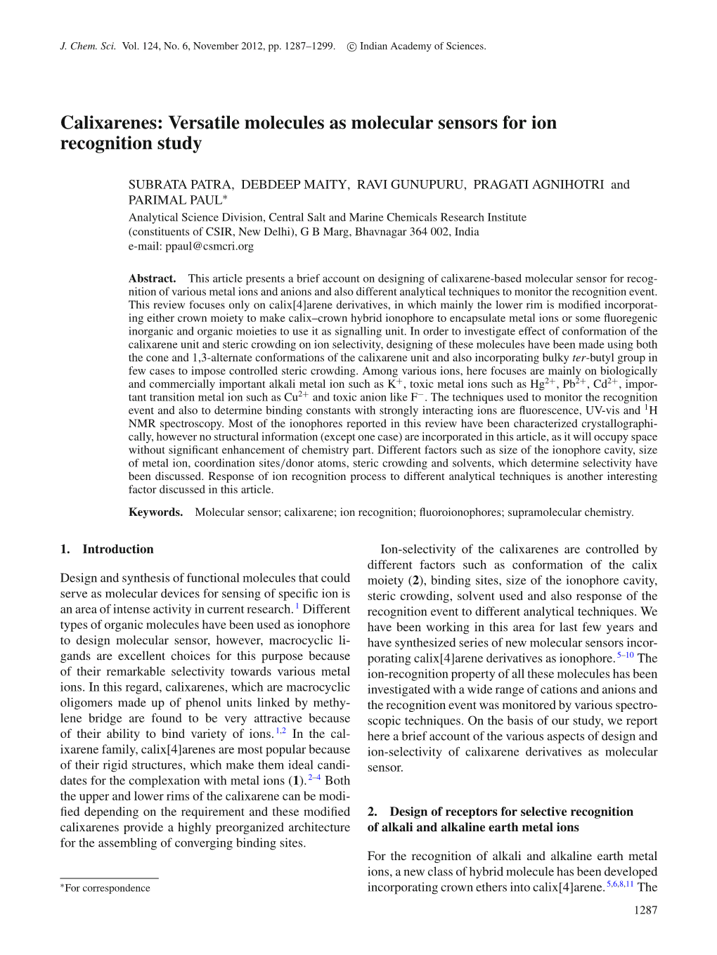 Calixarenes: Versatile Molecules As Molecular Sensors for Ion Recognition Study