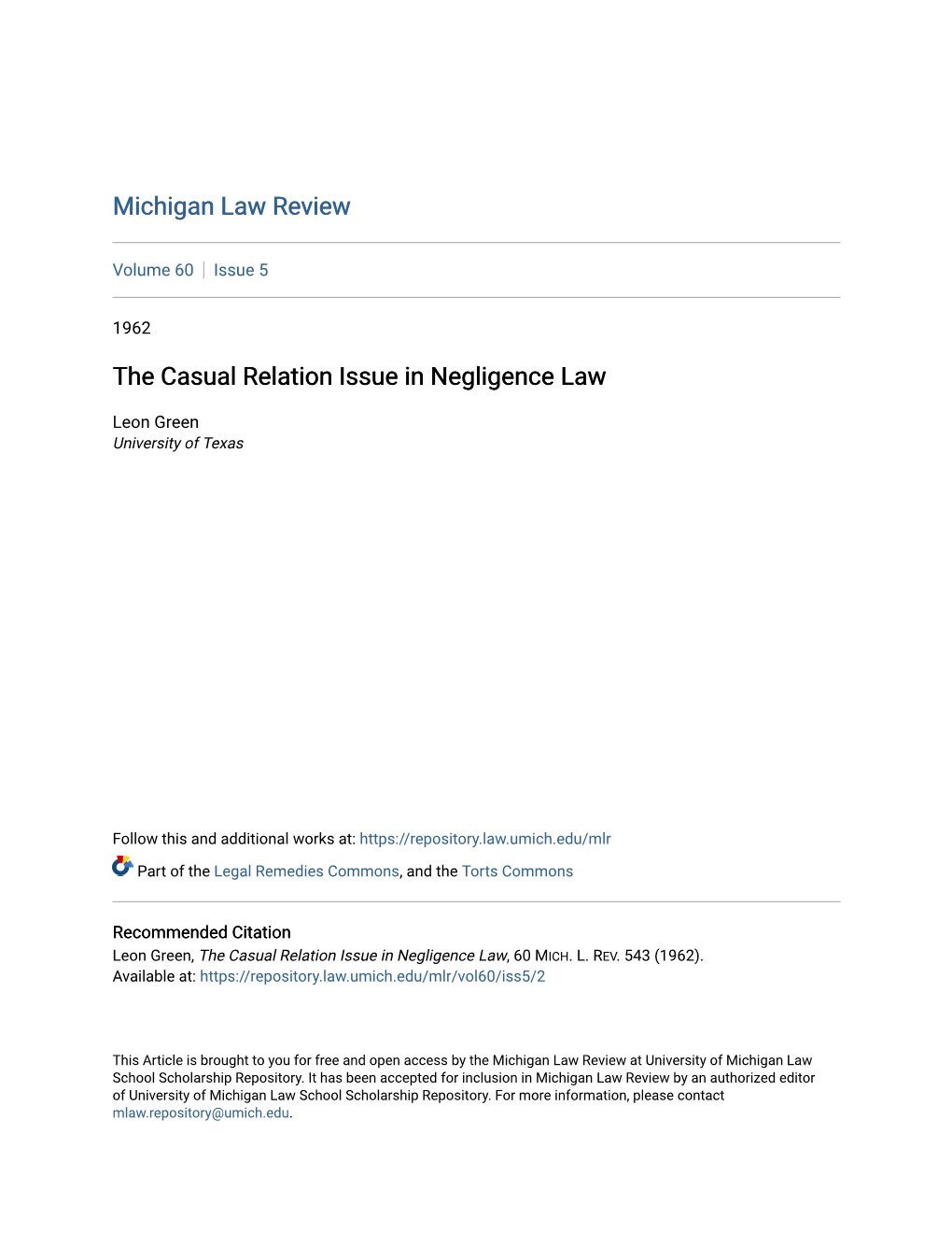 The Casual Relation Issue in Negligence Law