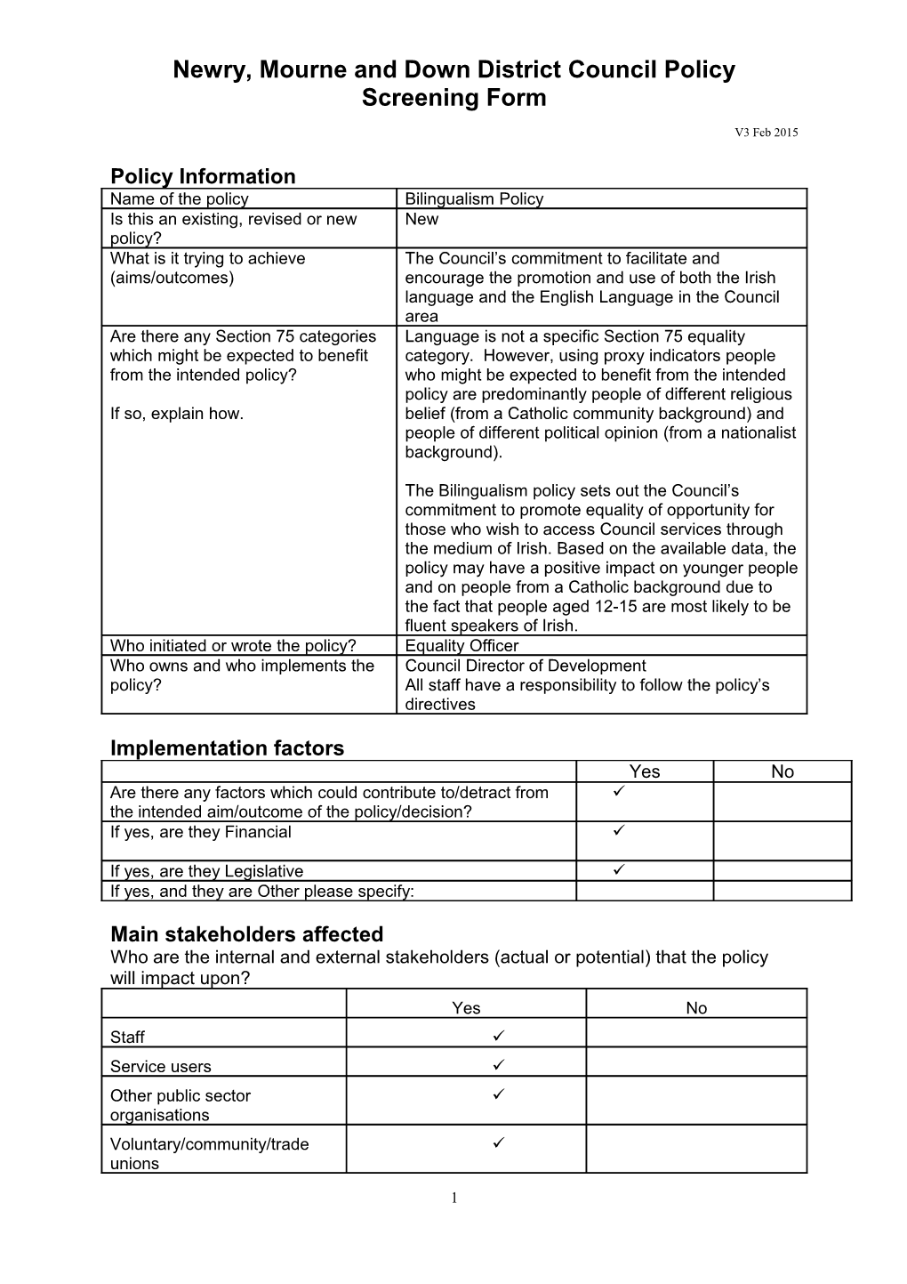 Newry, Mourne and Down District Council Policy Screening Form