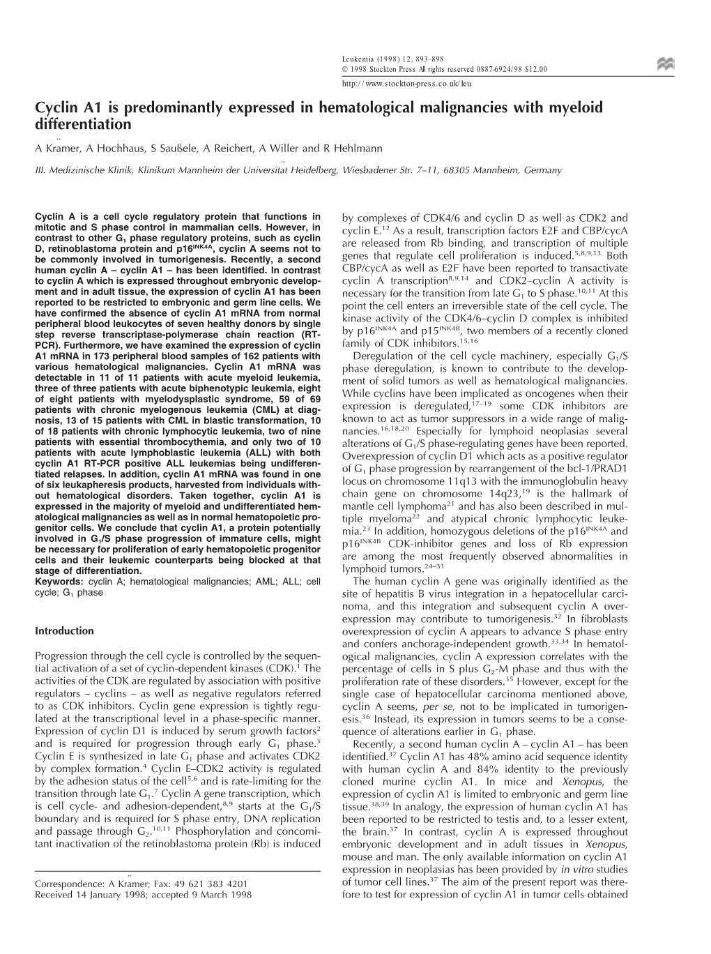 Cyclin A1 Is Predominantly Expressed in Hematological Malignancies with Myeloid Differentiation