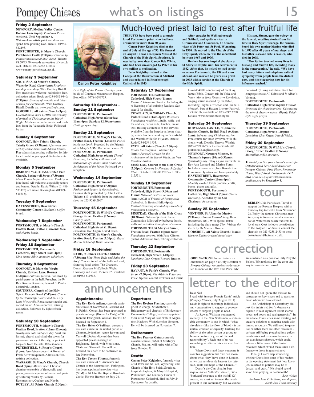 15 What's on Listings Announcements Correction Letter to the Editor Tour