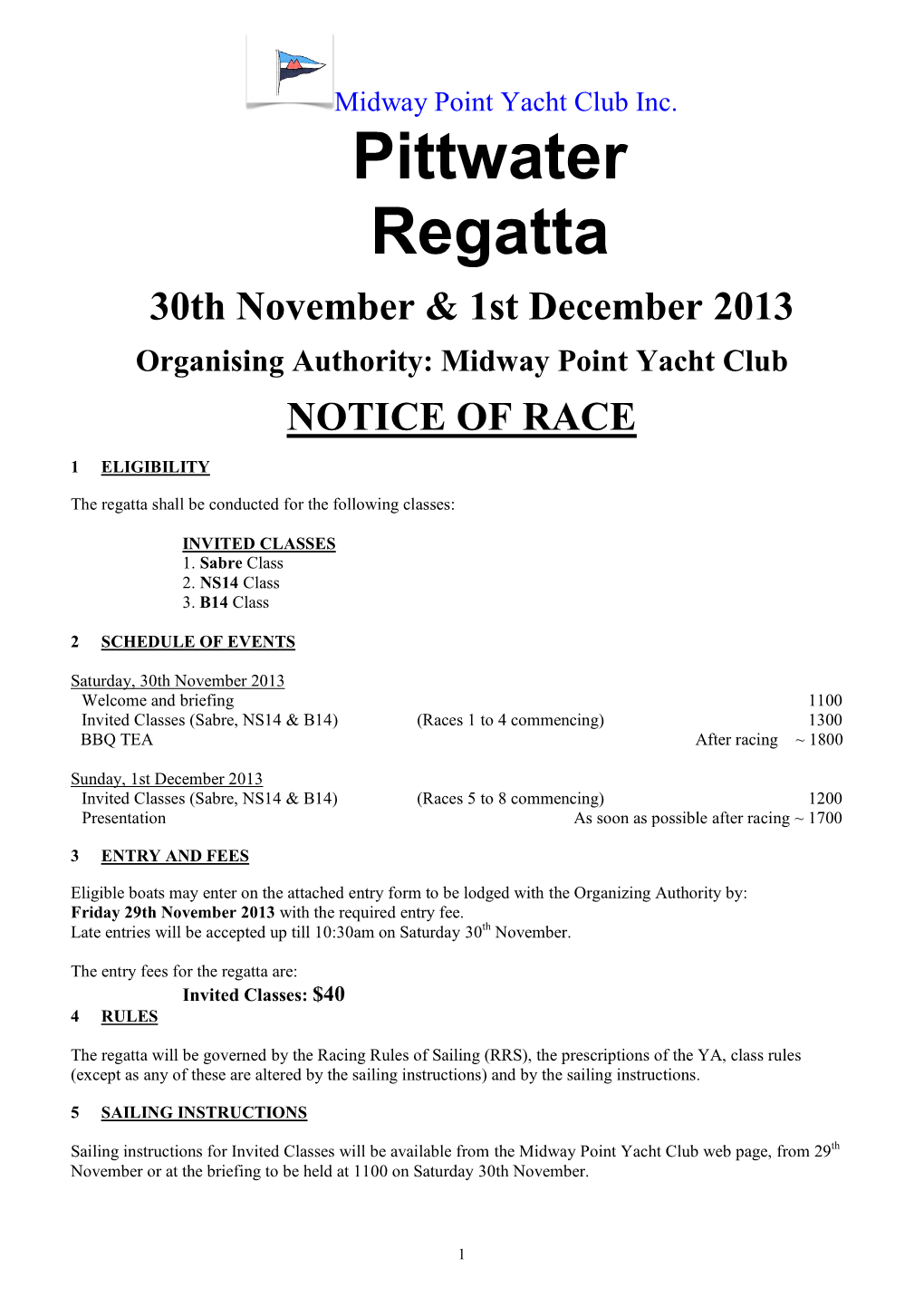 Midway Point Yacht Club NOTICE of RACE
