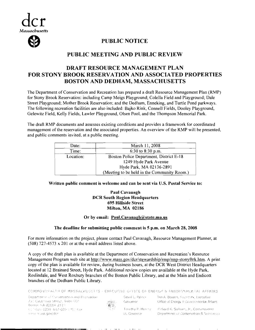 Draft Resource Management Plan for Stony Brook Reservation and Associated Properties Boston and Dedham, Massachusetts