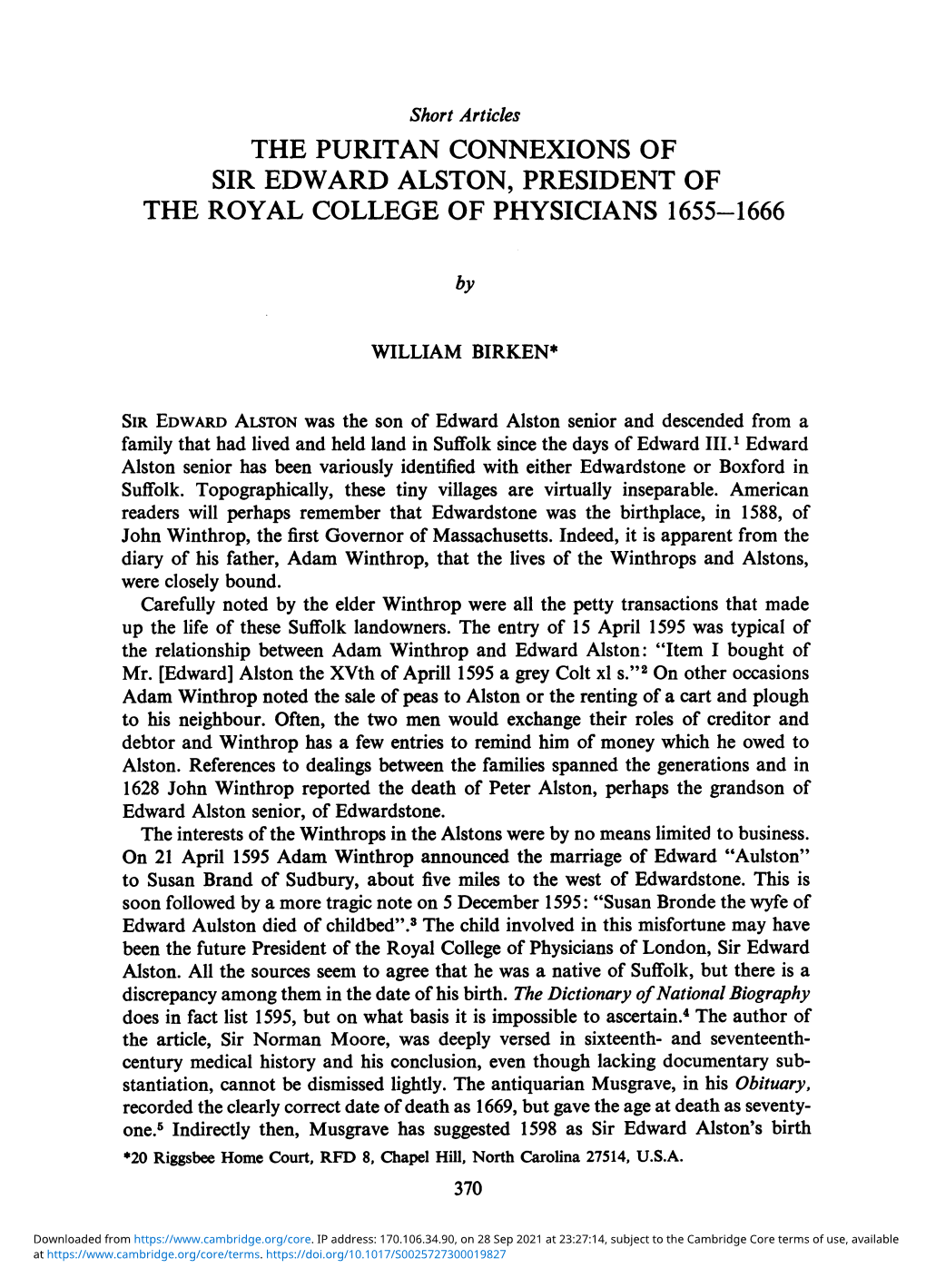 The Puritan Connexions of Sir Edward Alston, President of the Royal College of Physicians 1655-1666