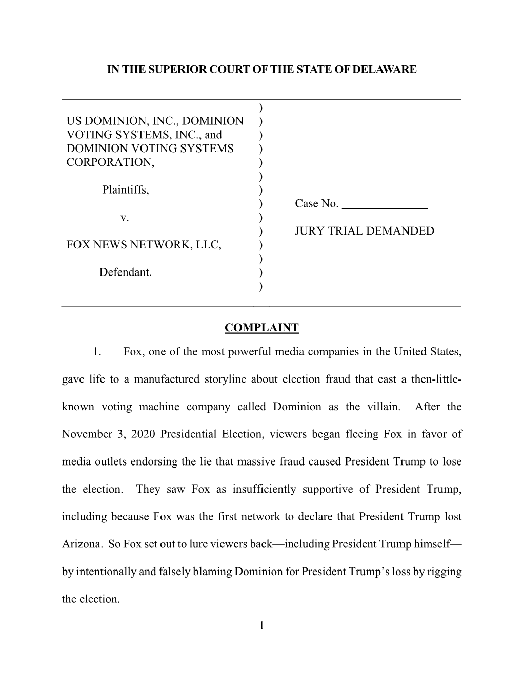 Dominion Complaint Against Fox News Network