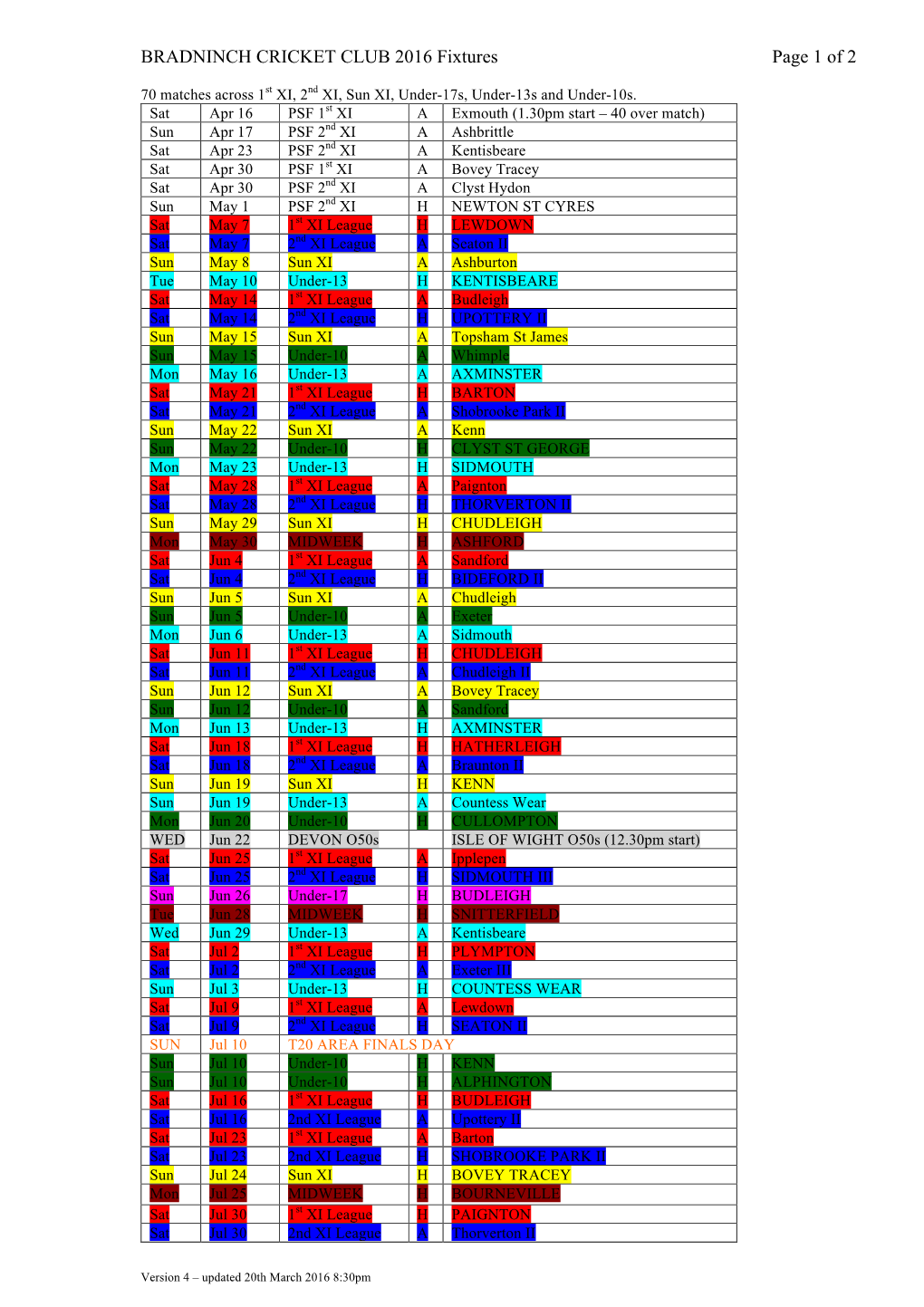 BRADNINCH CRICKET CLUB 2016 Fixtures Page 1 of 2