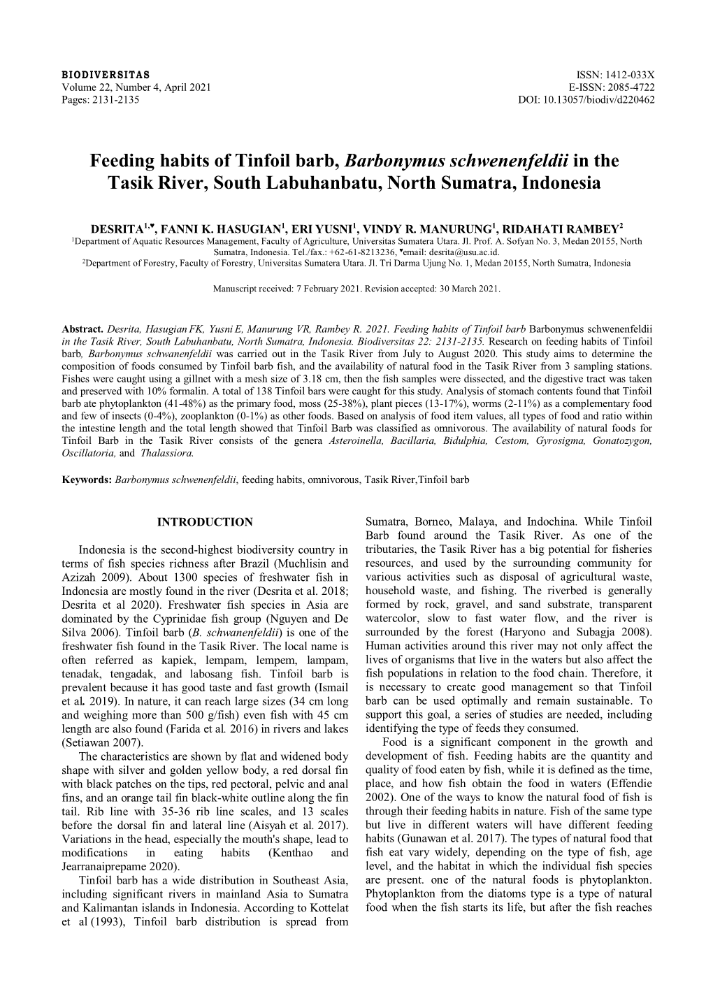 Feeding Habits of Tinfoil Barb, Barbonymus Schwenenfeldii in the Tasik River, South Labuhanbatu, North Sumatra, Indonesia