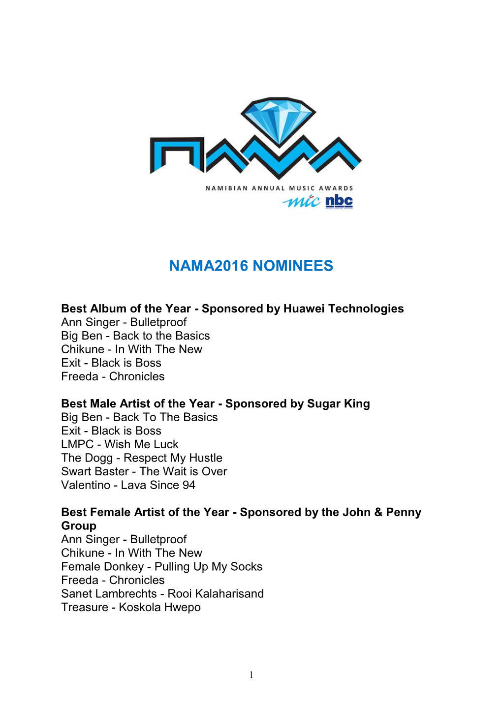Nama2016 Nominees