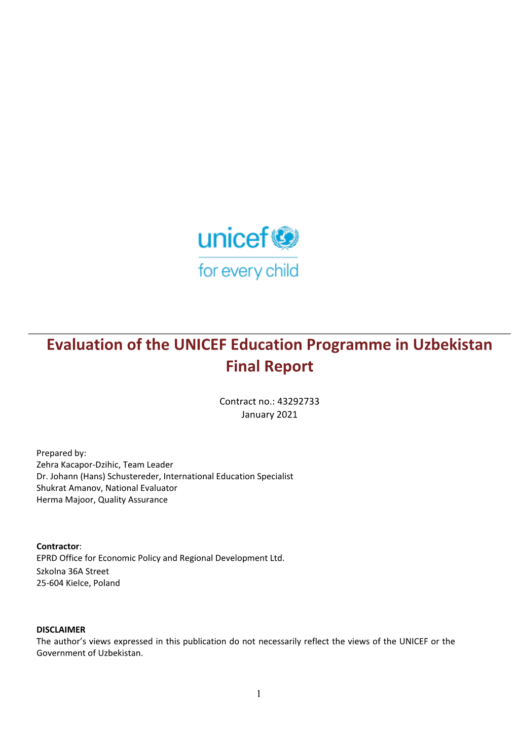 Evaluation of the UNICEF Education Programme in Uzbekistan Final Report