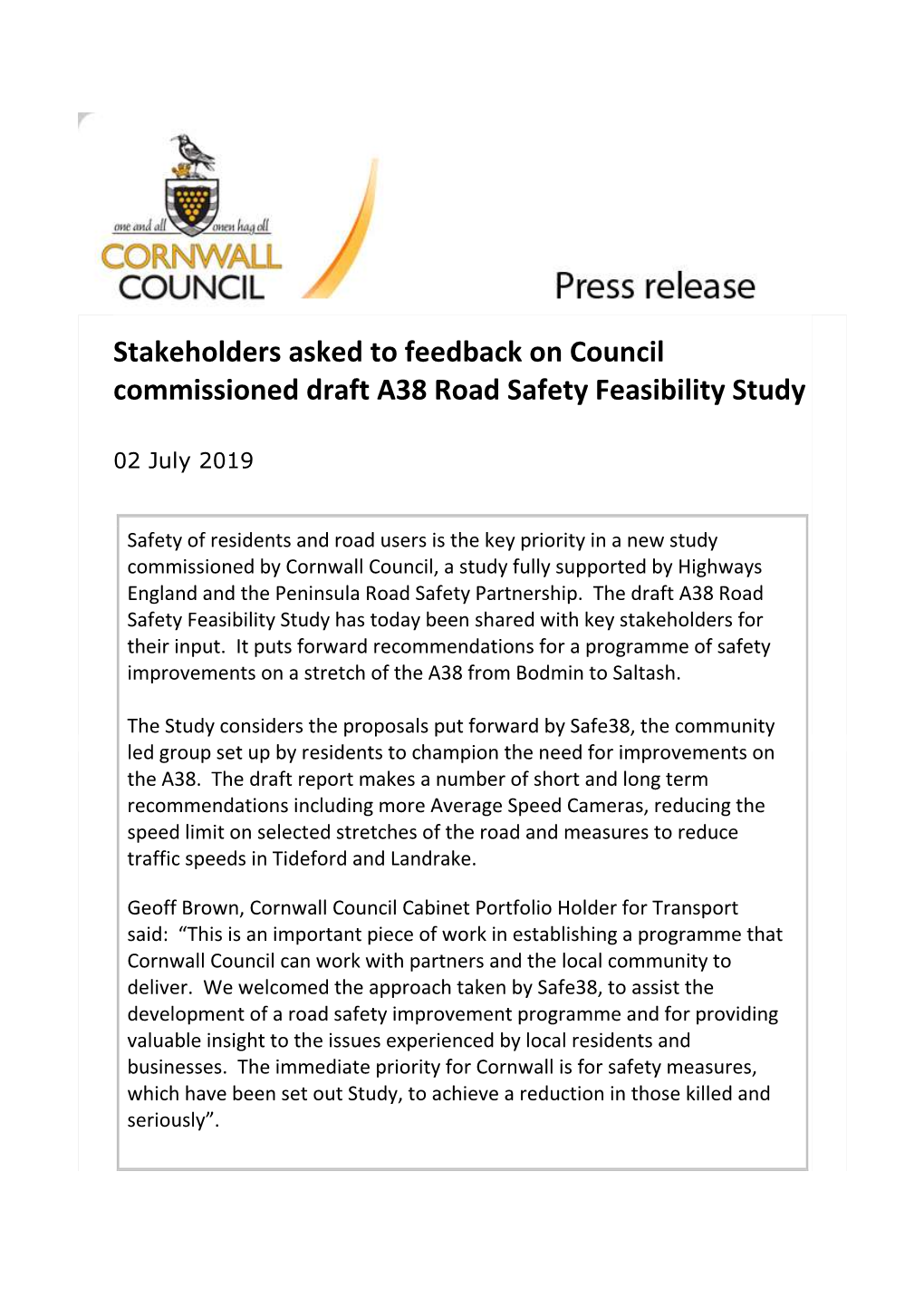 Stakeholders Asked to Feedback on Council Commissioned Draft A38 Road Safety Feasibility Study