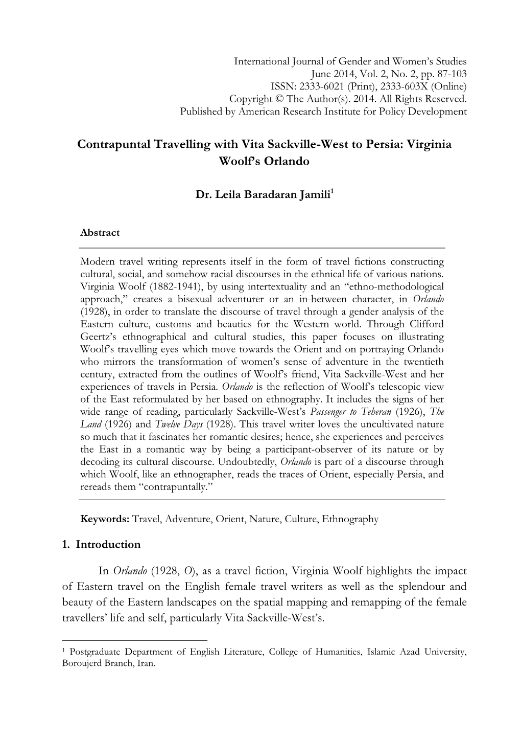 Contrapuntal Travelling with Vita Sackville-West to Persia: Virginia Woolf’S Orlando