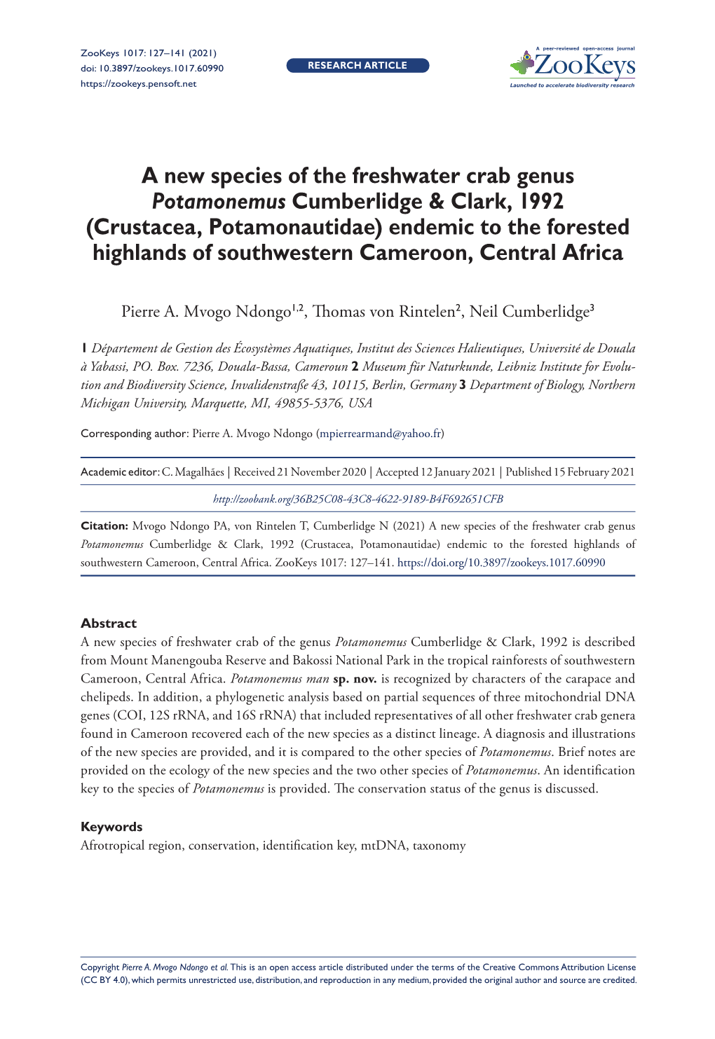 ﻿A New Species of the Freshwater Crab Genus