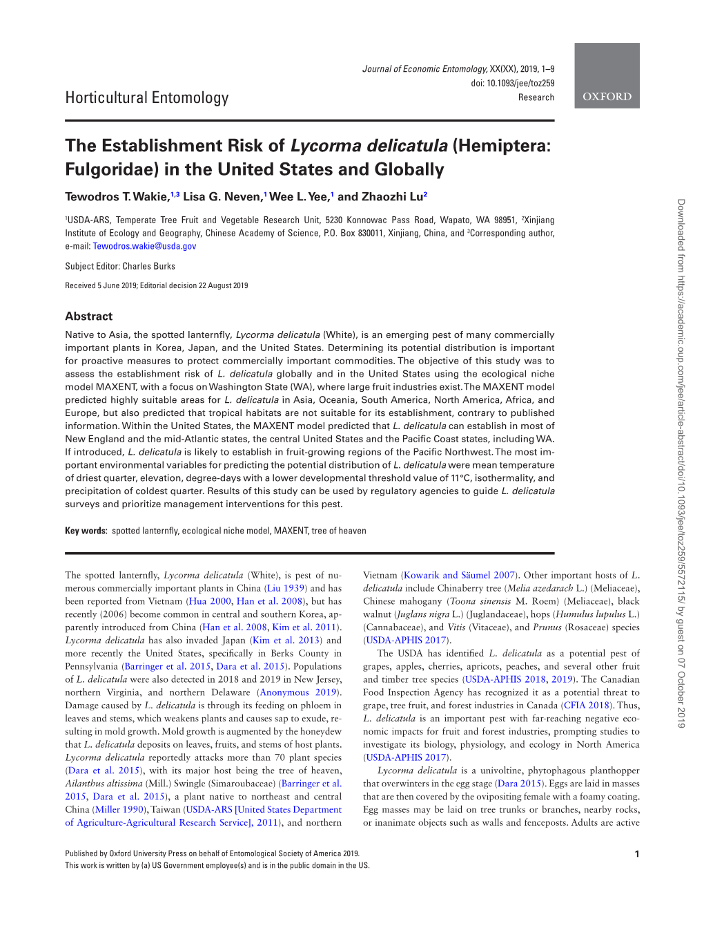 The Establishment Risk of Lycorma Delicatula (Hemiptera: Fulgoridae) in the United States and Globally