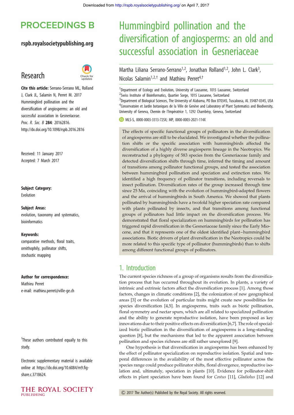 Hummingbird Pollination and the Diversification of Angiosperms