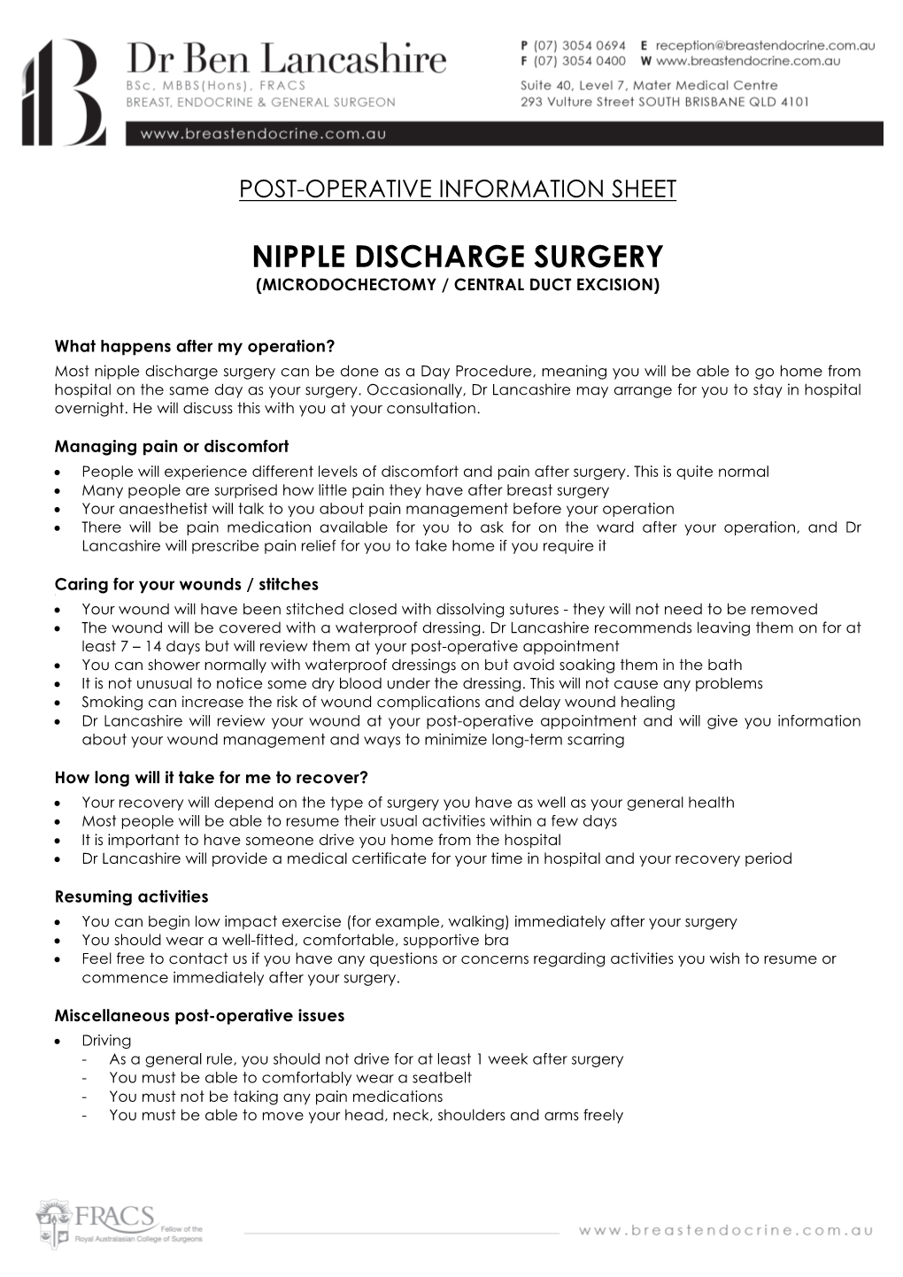 Post-Operative Information Sheet