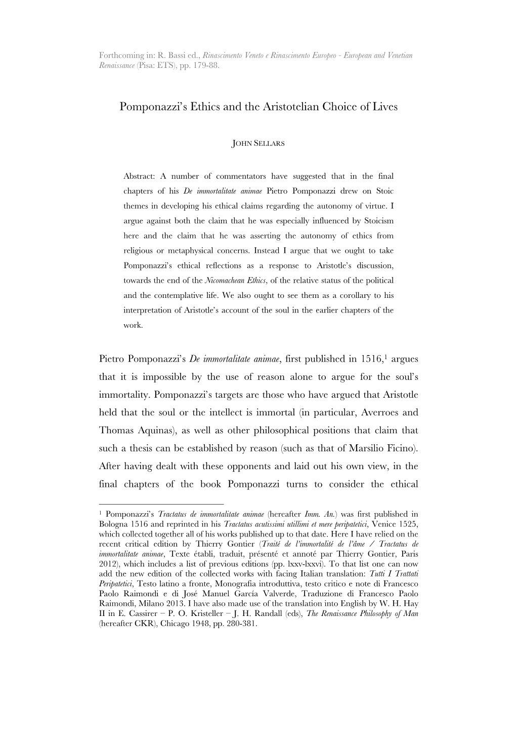 Pomponazzi's Ethics and the Aristotelian Choice of Lives (Preprint)