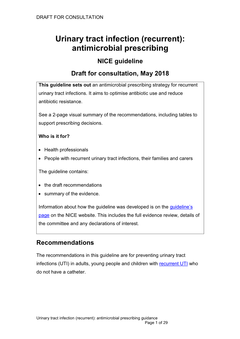 Urinary Tract Infection (Recurrent): Antimicrobial Prescribing NICE Guideline Draft for Consultation, May 2018