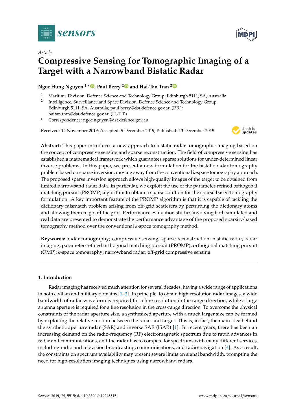 Compressive Sensing for Tomographic Imaging of a Target with a Narrowband Bistatic Radar