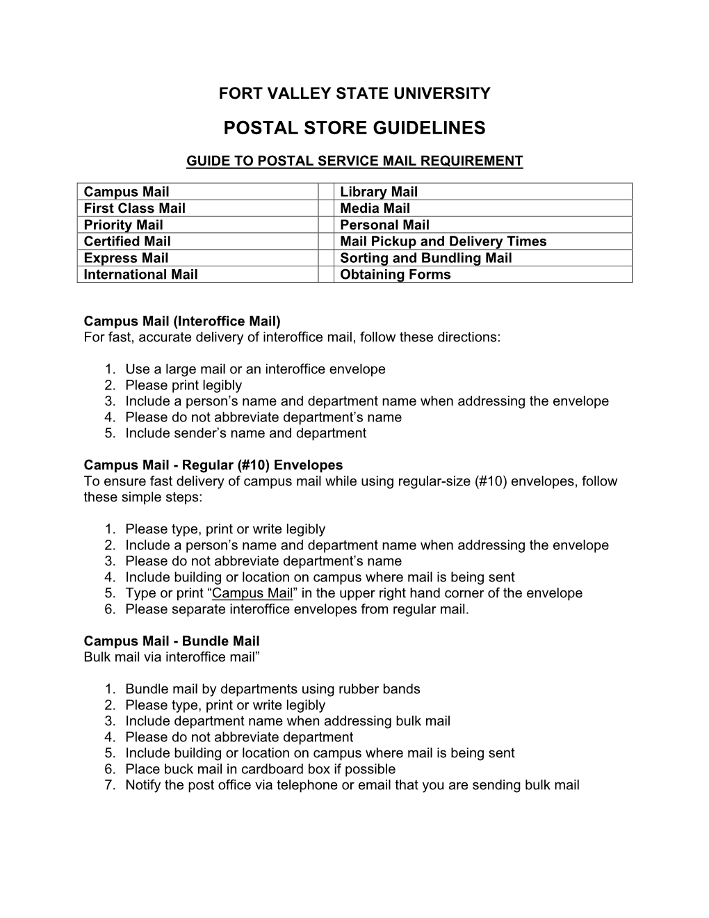 Fort Valley State University Postal Store Guidelines