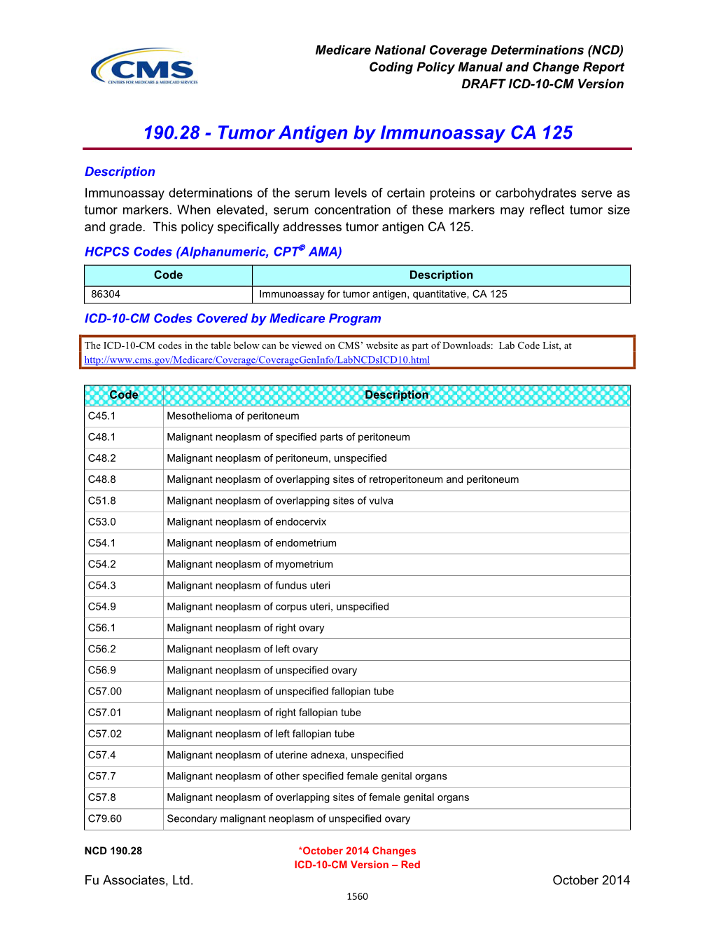 190.28 - Tumor Antigen by Immunoassay CA 125