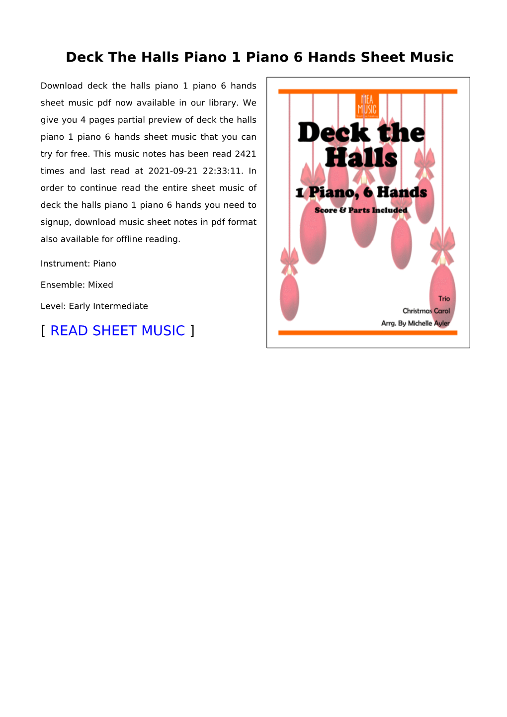 Deck the Halls Piano 1 Piano 6 Hands Sheet Music