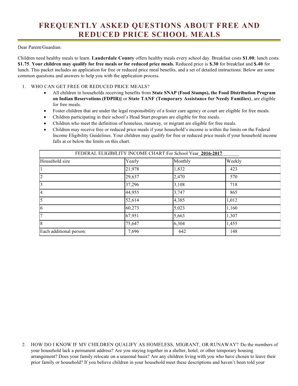 SY16-17 Frequently Asked Questions About Free and Reduced Price School Meals