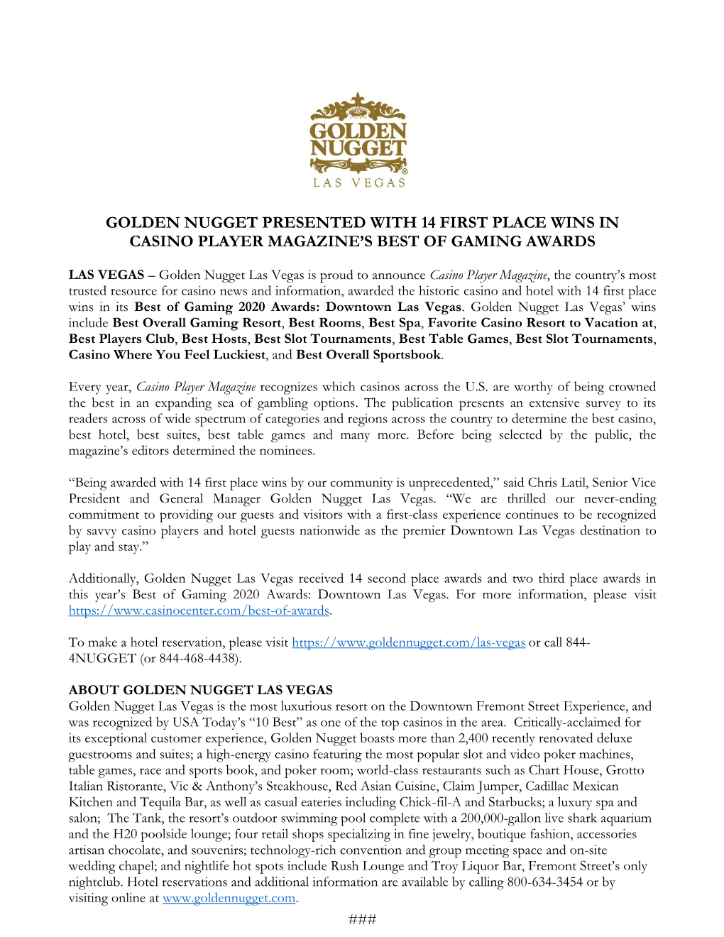 Golden Nugget Presented with 14 First Place Wins in Casino Player Magazine's Best of Gaming Awards