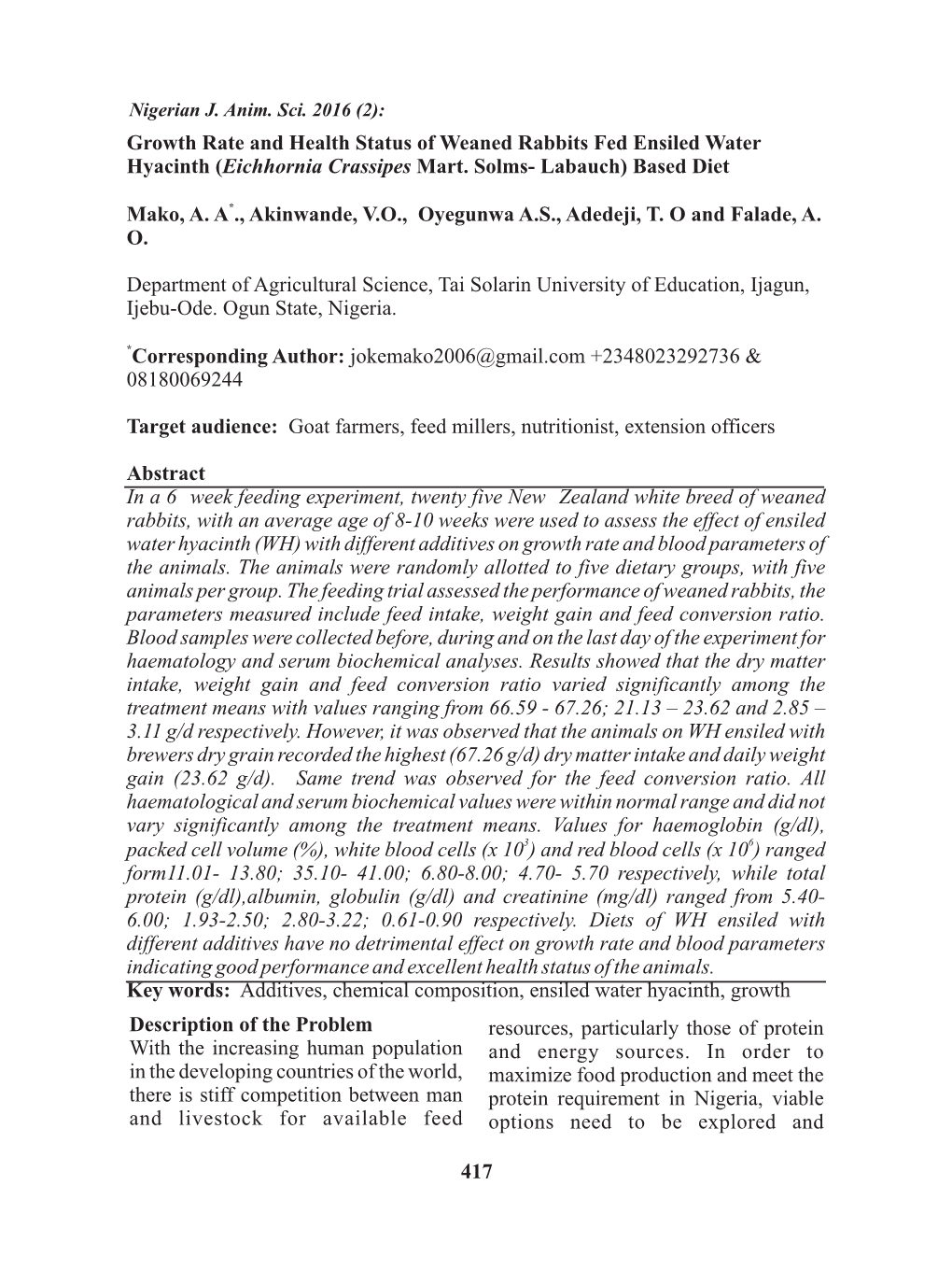 Growth Rate and Health Status of Weaned Rabbits Fed Ensiled Water Hyacinth (Eichhornia Crassipes Mart