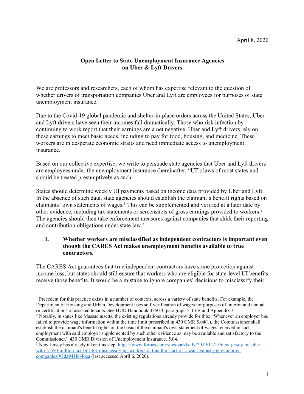 April 8, 2020 Open Letter to State Unemployment Insurance Agencies