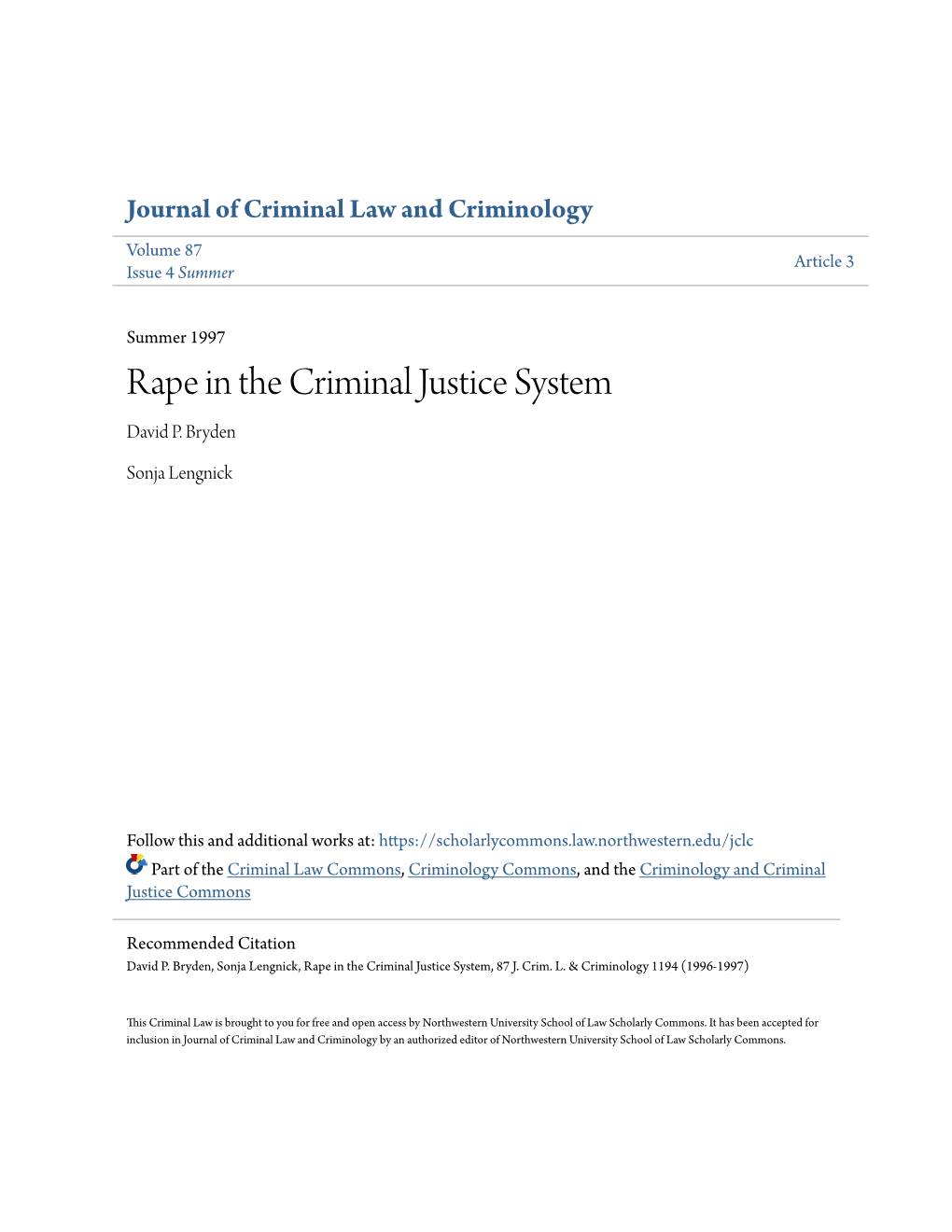 Rape in the Criminal Justice System David P