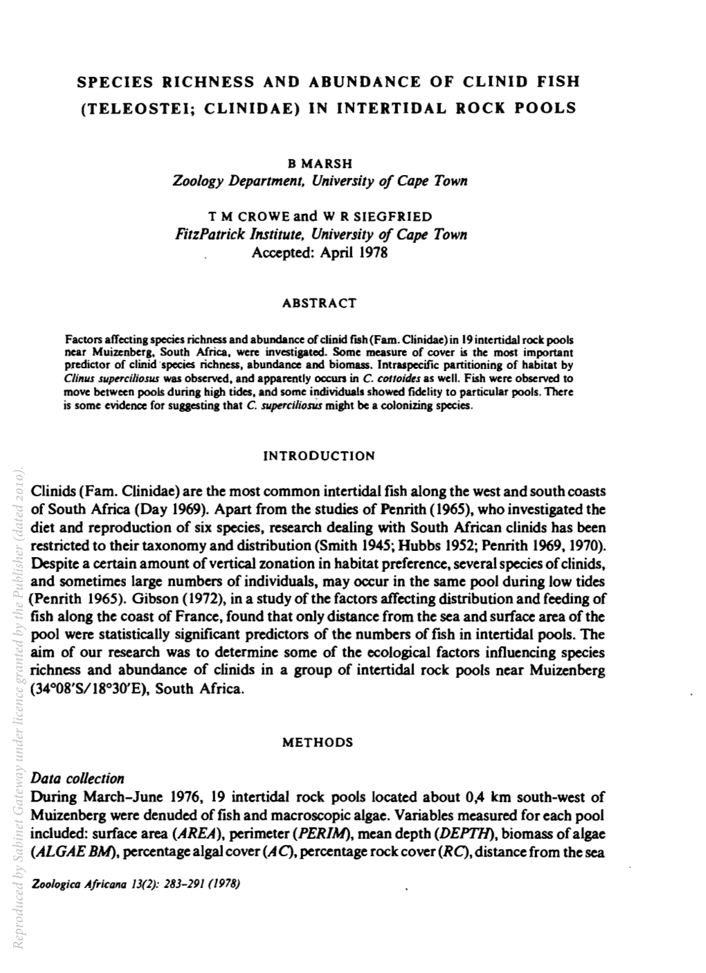 Species Richness and Abundance of Clinid Fish (Teleostei; Clinidae) in Intertidal Rock Pools