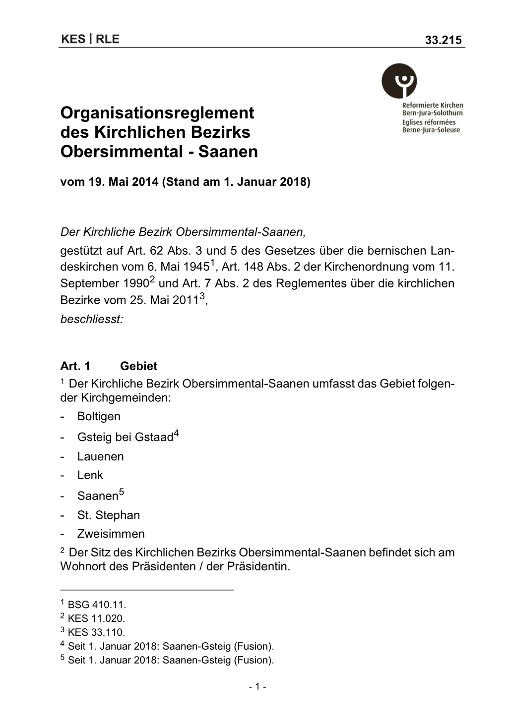 Organisationsreglement Des Kirchlichen Bezirks Obersimmental - Saanen Vom 19