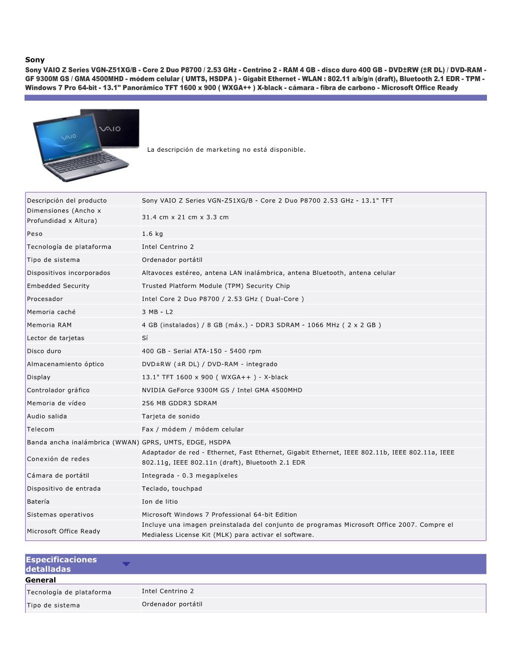 Especificaciones Detalladas General Tecnología De Plataforma Intel Centrino 2