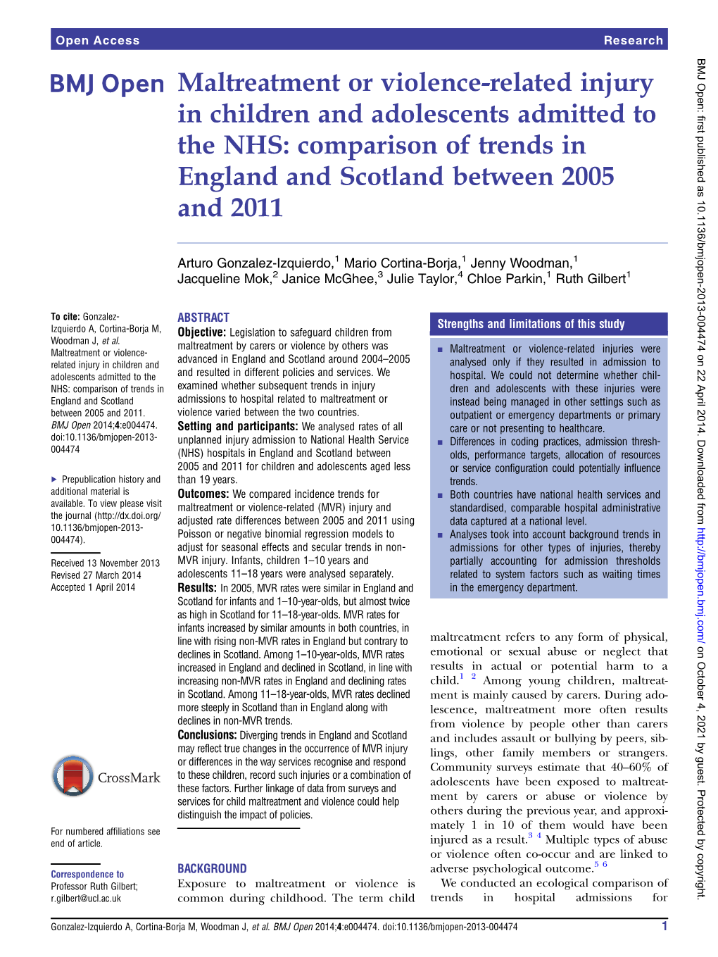 Maltreatment Or Violence-Related Injury in Children and Adolescents Admitted to the NHS: Comparison of Trends in England and Scotland Between 2005 and 2011