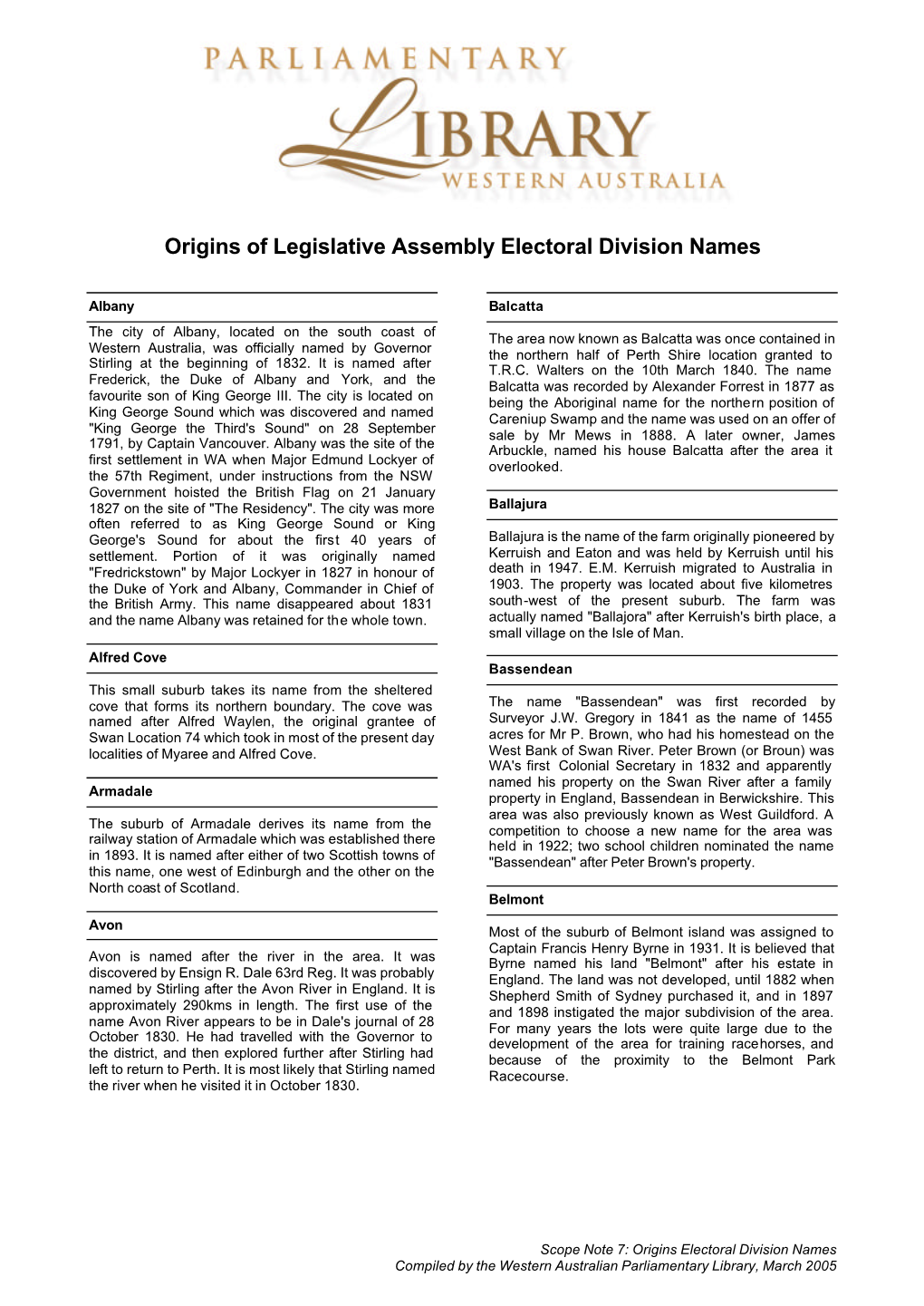 SN 7 Origins Electoral Division Names