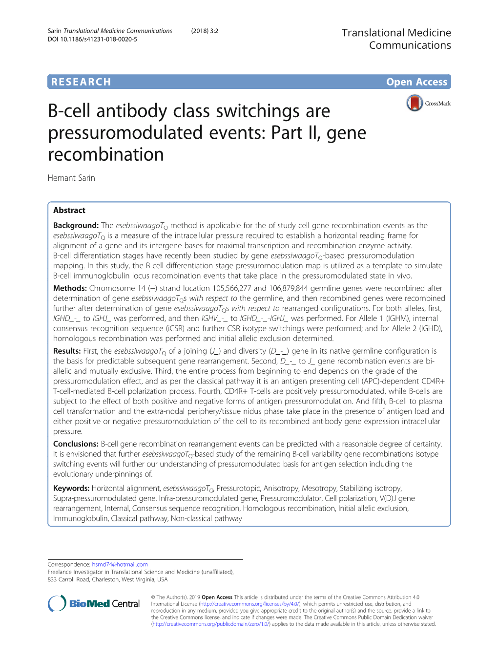 Part II, Gene Recombination Hemant Sarin