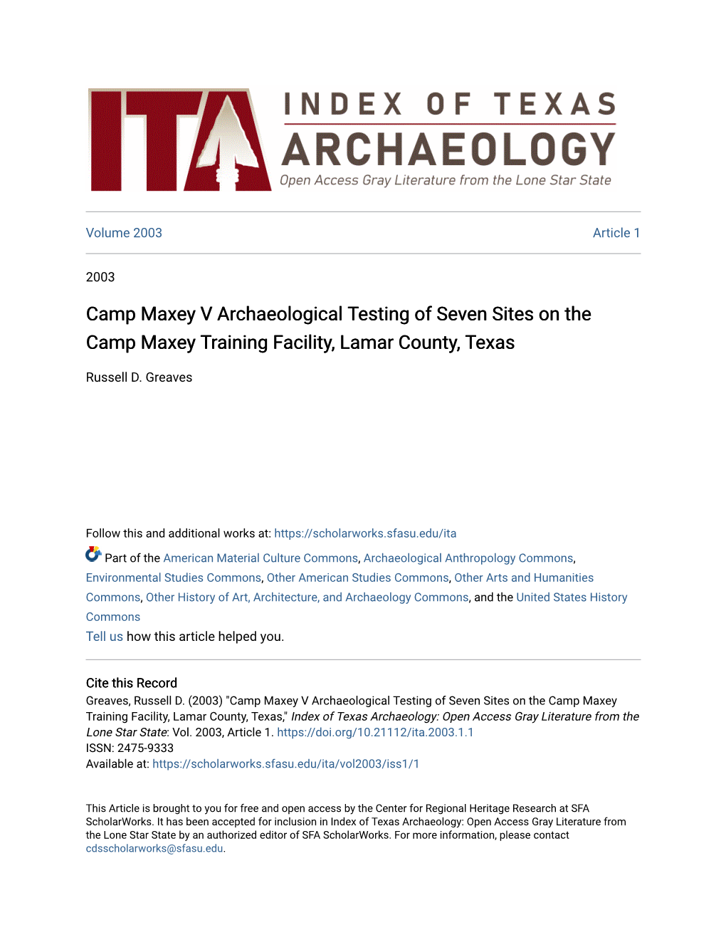 Camp Maxey V Archaeological Testing of Seven Sites on the Camp Maxey Training Facility, Lamar County, Texas